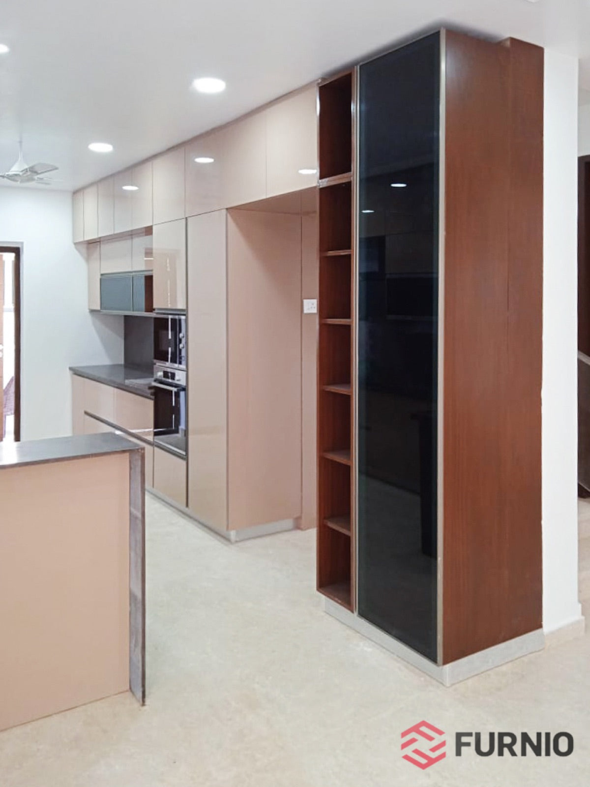 Tall glass-front cabinet · open shelving