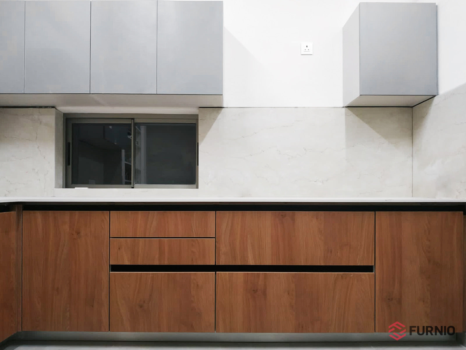 Walnut-grain drawers · grey uppers