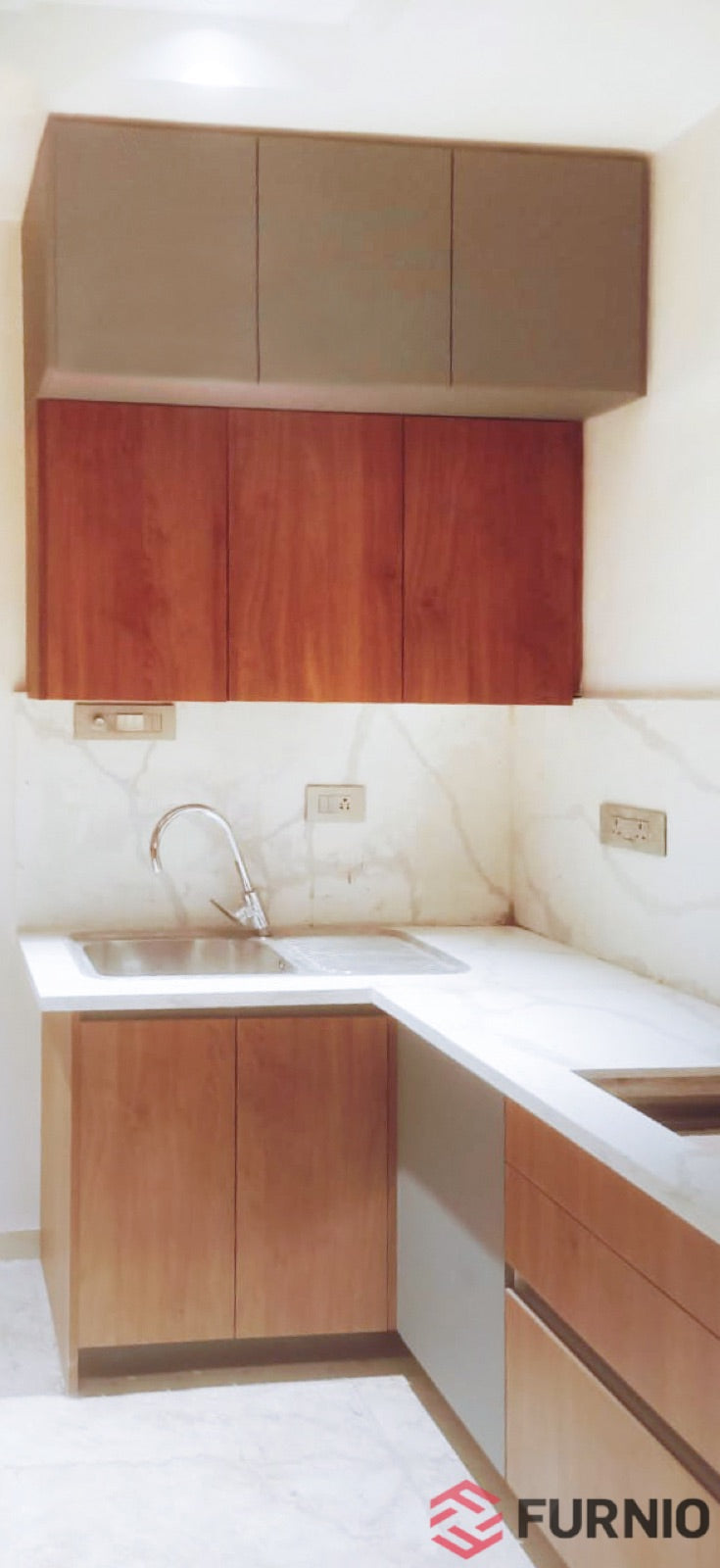 Cherry wood-grain · taupe wall units