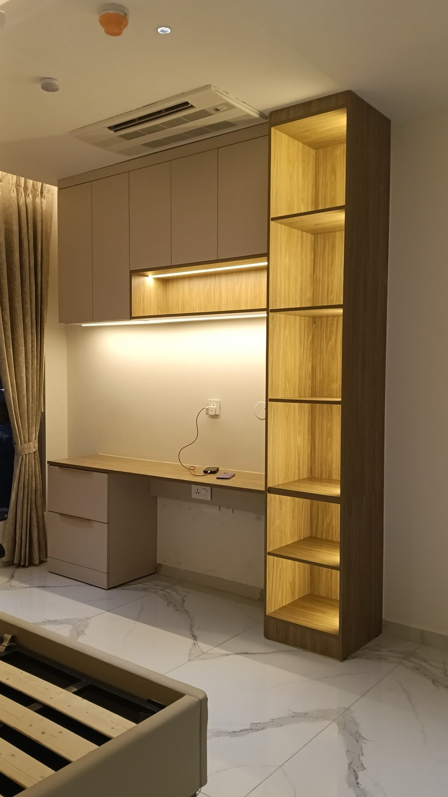Study nook · wood-tone open shelving tower